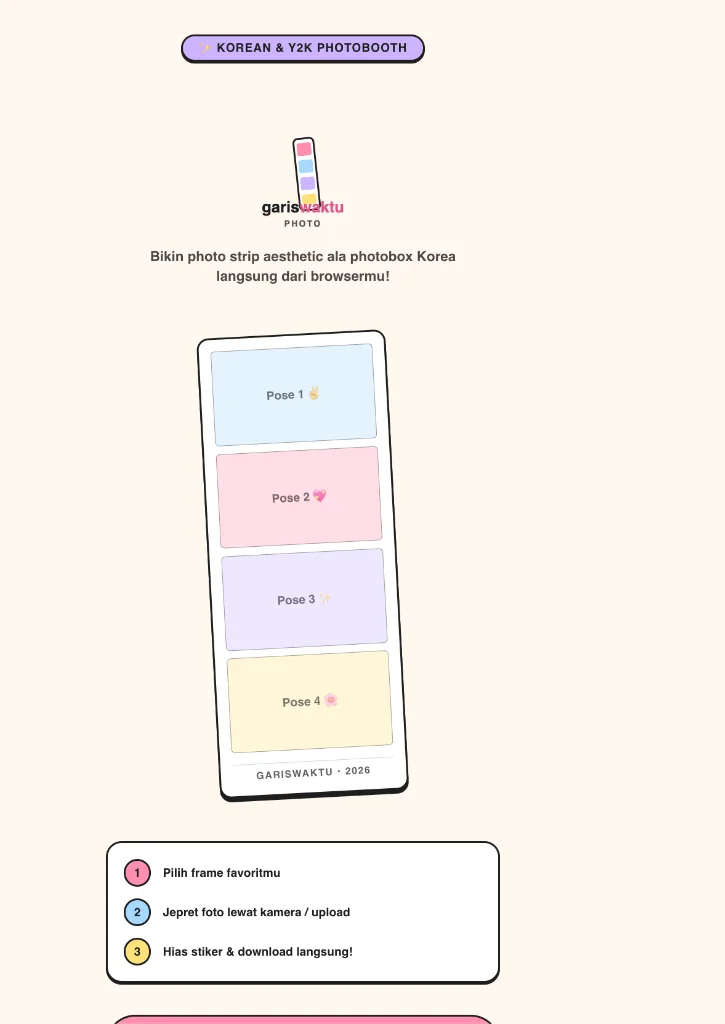 Garis Waktu Photo home screen with a photo strip preview and three steps